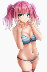 Rule 34 | 1girl, aqua eyes, bare arms, bare shoulders, blue bow, blue bra, blue panties, blush, bow, bow bra, bow panties, bra, breasts, cleavage, closed mouth, collarbone, commentary, cowboy shot, english commentary, gradient hair, hands up, highres, hiiragi nana, kazenokaze, looking at viewer, medium breasts, multicolored hair, munou na nana, navel, panties, pink hair, pink thighhighs, short hair, short twintails, smile, solo, stomach, striped bra, striped clothes, striped panties, thighhighs, twintails, underwear, underwear only, white hair
