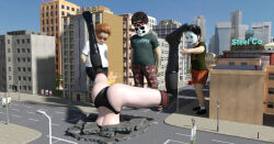 Rule 34 | 1girl, 3boys, age difference, ass, boots, building, city, day, giant, giantess, humiliation, inugami-ke no ichizoku pose, legs, looking at another, lower body, mask, multiple boys, non-web source, original, panties, ryona, struggling, stuck, underwear, upside-down