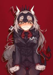 Rule 34 | 1girl, black necktie, black pants, black suit, black tail, blush, breasts, collared shirt, cosplay, cowboy shot, demon horns, demon tail, fate/grand order, fate (series), formal, gloves, grey hair, headpiece, helltaker, highres, horns, jeanne d&#039;arc alter (fate), lapels, large breasts, long hair, lucifer (helltaker), lucifer (helltaker) (cosplay), necktie, notched lapels, pants, red background, red shirt, ru 251, shirt, solo, standing, suit, tail, very long hair, white gloves, white horns, yellow eyes