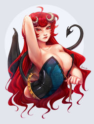 Rule 34 | 1girl, amelion, arm behind head, armpits, artist name, breasts, collarbone, corset, cross-laced clothes, demon girl, highres, horns, large breasts, long hair, looking at viewer, nipples, original, parted lips, red eyes, red hair, tail, undressing, watermark, web address, wings