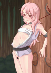 Rule 34 | 1girl, bar censor, bare shoulders, benisumomo, blush, bottomless, breasts, censored, collar, covered erect nipples, cowboy shot, female focus, hair ornament, hair over shoulder, hairclip, kunoichi tsubaki no mune no uchi, leaning back, long hair, looking afar, looking down, navel, no panties, open clothes, open vest, outdoors, petite, pink hair, pink vest, pussy, pussy juice, pussy juice trail, red eyes, sarashi, skinny, small breasts, solo, tenrai (temple), vest, worried