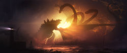 Rule 34 | absurdres, battle, chris voy, commentary, dark sky, electricity, english commentary, fangs, godzilla, godzilla: king of the monsters, godzilla (monsterverse), godzilla (series), grabbing, highres, horns, kaijuu, king ghidorah, king ghidorah (monsterverse), legendary pictures, lighthouse, monster, monsterverse, multiple heads, official art, spines, tail, toho, wings
