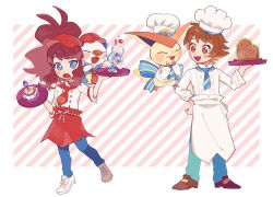 Rule 34 | 1boy, 1girl, :d, alternate costume, apron, ascot, blue ascot, blue pants, blush stickers, brown eyes, brown footwear, brown hair, buttons, chef hat, commentary request, creatures (company), dessert, food, game freak, gen 5 pokemon, green pants, hand on own hip, hat, highres, hilbert (pokemon), hilda (pokemon), hime (himetya105), holding, holding tray, jacket, legendary pokemon, mythical pokemon, nintendo, open mouth, oshawott, pants, pokemon, pokemon (creature), pokemon bw, pokemon cafe remix, red hat, sandwich, shoes, sidelocks, smile, tray, victini, waist apron, white apron, white footwear, white hat, white jacket