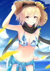 Rule 34 | 1girl, armpits, bikini, black bow, black scarf, blonde hair, blue bikini, blue sky, blurry, blurry foreground, bow, breasts, cleavage, cloud, cowboy shot, day, fate (series), flower, grin, hair between eyes, hair bow, hat, hat flower, highres, koha-ace, leaning forward, lens flare, looking at viewer, medium breasts, ocean, okita souji (fate), okita souji (koha-ace), outdoors, print bikini, print bikini top, scarf, short hair, sideboob, sky, smile, solo, standing, straw hat, sun hat, sunflower, swimsuit, wayuzz99, yellow eyes, yellow flower, yellow hat