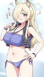 Rule 34 | 1girl, alternate costume, animal ear fluff, animal ears, bare arms, bare shoulders, bikini, blonde hair, blue archive, blush, breasts, cropped jacket, dog ears, extra ears, hair over one eye, halo, highres, jacket, kanna (blue archive), large breasts, long hair, looking at viewer, machismo fuji, navel, notched ear, purple bikini, purple eyes, sharp teeth, simple background, sleeveless, sleeveless jacket, solo, standing, stomach, swimsuit, teeth, whistle