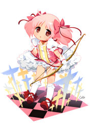 Rule 34 | 10s, 1girl, :o, bow, bow (weapon), brown eyes, bubble skirt, checkered floor, chibi, choker, cross, floor, gloves, hair bow, jewelry, kaname madoka, kneehighs, magical girl, mahou shoujo madoka magica, mahou shoujo madoka magica (anime), mao yu, pendant, pink hair, puffy sleeves, short hair, short twintails, simple background, skirt, socks, solo, twintails, weapon, white socks