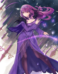 Rule 34 | 1girl, bkko, breasts, brown pantyhose, capelet, choker, cleavage, diadem, dress, fate/grand order, fate (series), floating hair, hair between eyes, holding hands, jewelry, large breasts, long dress, long hair, necklace, pantyhose, purple capelet, purple dress, purple hair, red eyes, runes, scathach (fate), scathach skadi (fate), see-through, solo, standing, very long hair