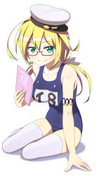 Rule 34 | 10s, 1girl, arm support, armband, blonde hair, book, caryo, collarbone, covered navel, glasses, hair ribbon, hat, i-8 (kancolle), kantai collection, long hair, looking at viewer, low twintails, name tag, nanashino, one-piece swimsuit, peaked cap, red-framed eyewear, ribbon, school swimsuit, semi-rimless eyewear, shadow, simple background, sitting, smile, solo, swimsuit, thighhighs, twintails, under-rim eyewear, white background, white thighhighs, yokozuwari