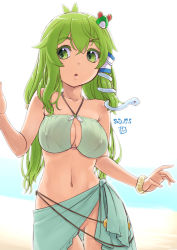 Rule 34 | 1girl, :o, beach, bikini, bikini top only, breasts, cleavage, cleavage cutout, clothing cutout, collarbone, covered erect nipples, frog hair ornament, gluteal fold, green eyes, green hair, groin, hair ornament, hair tubes, kei jiei, kochiya sanae, large breasts, looking down, looking to the side, mons pubis, navel, no panties, sarong, snake hair ornament, solo, swimsuit, touhou