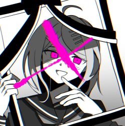 Rule 34 | 1girl, ahoge, akamatsu kaede, bad id, bad twitter id, blush stickers, collared shirt, commentary request, commission, danganronpa (series), danganronpa v3: killing harmony, eyelashes, finger to own chin, gradient background, grey background, greyscale, hair ornament, hairclip, holding, holding frame, iei, long hair, long sleeves, looking at viewer, monochrome, neckerchief, open mouth, pink eyes, sailor collar, school uniform, serafuku, shirt, simple background, smile, solo, spot color, upper body, waka (wk4444)