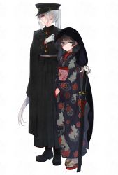 Rule 34 | 2girls, absurdres, alternate costume, black cape, black footwear, black hair, black hakama, black headwear, blue eyes, boots, cape, cross-laced footwear, earrings, facing to the side, floral print, full body, geta, gloves, hakama, hakama skirt, hat, highres, higuchi kaede, higuchi kaede (8th costume), holding, holding sword, holding weapon, japanese clothes, jewelry, kimono, lace-up boots, long hair, looking at viewer, military, military hat, military uniform, multiple girls, myama, nijisanji, obi, peaked cap, ponytail, purple eyes, sash, sheath, sheathed, silver hair, simple background, skirt, smile, sword, tsukino mito, tsukino mito (12th costume), uniform, very long hair, virtual youtuber, weapon, white background, white gloves, white legwear
