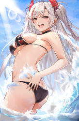 Rule 34 | 1girl, :d, ass, azur lane, bikini, breasts, butt crack, cross, flag print, hair between eyes, highres, iron cross, large breasts, liaowen, long hair, looking at viewer, mole, mole on breast, multicolored hair, ocean, open mouth, orange eyes, prinz eugen (azur lane), prinz eugen (unfading smile) (azur lane), silver hair, simple background, smile, solo, streaked hair, sun glare, swimsuit, thighs, two side up, very long hair, waves