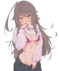 Rule 34 | 1girl, ahoge, bikini, blush, breasts, brown eyes, brown hair, clothes lift, clothes pull, highres, huge ahoge, kantai collection, kuma (kancolle), lifted by self, long hair, long sleeves, looking at viewer, medium breasts, pants, pants pull, purple bikini, shiawase hougan, simple background, solo, sweat, sweater, sweater lift, swimsuit, very long hair, white background, white sweater