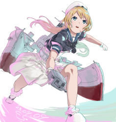 Rule 34 | 1girl, black neckerchief, blonde hair, blue eyes, blue sailor collar, character request, dress, gegeron, gloves, hat, highres, kantai collection, long hair, machinery, neckerchief, open mouth, sailor collar, sailor dress, sailor hat, short sleeves, smile, solo, turret, white background, white dress, white gloves, white hat