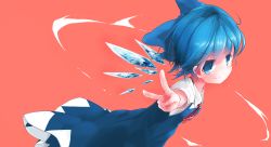 Rule 34 | 1girl, akisha, bad id, bad pixiv id, blue dress, blue eyes, blue hair, bow, cirno, dress, hair bow, highres, ice, ice wings, looking at viewer, matching hair/eyes, puffy short sleeves, puffy sleeves, red background, shirt, short sleeves, smile, solo, touhou, v, wings
