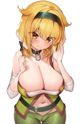 Rule 34 | 1girl, animal ears, black hairband, breasts, cleavage, collar, dog ears, dog girl, green pants, hair between eyes, hairband, head tilt, highres, isekai meikyuu de harem wo, kaptivate, large breasts, looking at viewer, o-ring collar, off-shoulder shirt, off shoulder, pants, roxanne (isekai meikyuu de harem wo), shirt, simple background, slave, solo, white background