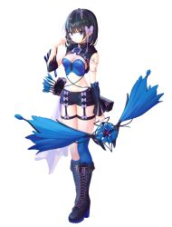 Rule 34 | 1girl, absurdres, arrow (projectile), asymmetrical legwear, bare shoulders, black footwear, black hair, black shorts, blue eyes, blue shirt, blue socks, blue thighhighs, boots, bow, bow (weapon), braid, breasts, check copyright, choker, cleavage, closed mouth, copyright request, crop top, cross-laced footwear, detached sleeves, full body, hair bow, hair ribbon, highres, holding, holding bow (weapon), holding weapon, hood, hood down, knee boots, kneehighs, looking at viewer, medium breasts, midriff, mismatched legwear, multicolored hair, munseonghwa, navel, original, quiver, ribbon, see-through, shirt, short hair, short shorts, shorts, shrug (clothing), simple background, single kneehigh, single sock, single thighhigh, sleeveless, sleeveless shirt, socks, solo, standing, stomach, streaked hair, thighhighs, thighs, weapon, white background