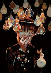 1boy :p arm_at_side bishounen black_background black_hat black_jacket blending broken_glass brown_hair choppy_bangs closed_mouth dot_nose double-parted_bangs glass glass_shards grey_pupils hair_between_eyes hanako_(jibaku_shounen_hanako-kun) hand_on_own_face hand_up hanoyuta hat highres jacket jibaku_shounen_hanako-kun jpeg_artifacts light_bulb long_sleeves looking_at_viewer male_focus official_art short_hair simple_background solo standing straight-on third-party_source tongue tongue_out upper_body very_short_hair yellow_eyes