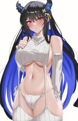 Rule 34 | 1girl, arm behind back, bare shoulders, black hair, blue hair, blush, breasts, colored inner hair, demon horns, detached sleeves, garter straps, hair ornament, highres, hololive, hololive english, horns, large breasts, long hair, meme attire, mole, mole on thigh, mole under eye, multicolored hair, navel, nerissa ravencroft, panties, parted lips, red eyes, solo, stomach, tassel, tassel hair ornament, two-tone hair, underwear, very long hair, virgin destroyer sweater, virtual youtuber, white panties, yobi (ybpac18)