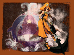 Rule 34 | 1girl, anchor, arc system works, belt, boots, brown eyes, brown hair, buckle, fingerless gloves, gloves, guilty gear, hat, may (guilty gear), orange hat, orange shirt, pantyhose, pirate, pirate hat, pocho (syuei), shirt, skull and crossbones, smile, solo, star (symbol), syuei, whale