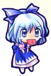 Rule 34 | 1girl, :p, blue eyes, blue hair, bow, chibi, chibi only, cirno, dress, embodiment of scarlet devil, female focus, full body, hair bow, lowres, matching hair/eyes, short hair, simple background, solo, standing, tears, tongue, tongue out, touhou, v-shaped eyebrows, white background
