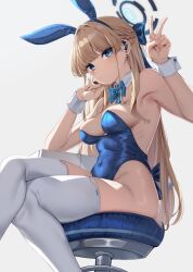 Rule 34 | 1girl, animal ears, bare shoulders, blonde hair, blue archive, blue bow, blue bowtie, blue eyes, blue leotard, bow, bowtie, braid, breasts, crossed legs, detached collar, fake animal ears, halo, highres, leotard, long hair, looking at viewer, medium breasts, moisture (chichi), multicolored hair, official alternate costume, playboy bunny, rabbit ears, sitting, solo, strapless, strapless leotard, streaked hair, thighhighs, toki (blue archive), toki (bunny) (blue archive), v, very long hair, white thighhighs, wrist cuffs