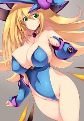 Rule 34 | 1girl, adapted costume, bare shoulders, blonde hair, blue leotard, blush stickers, boots, bracer, breasts, cameltoe, cleavage, cleft of venus, collar, collarbone, covered navel, dark magician girl, green eyes, grey background, hair between eyes, hat, highleg, highleg leotard, highres, huge breasts, legs, leotard, long hair, looking at viewer, open mouth, simple background, skin tight, solo, standing, tsukasawa takamatsu, wizard hat, yu-gi-oh!