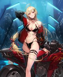 Rule 34 | 1girl, ahoge, arm behind head, armband, armpit crease, artist request, asymmetrical legwear, bare shoulders, bikini, black armband, black choker, black jacket, black thighhighs, blonde hair, blush, breasts, building, chinese knot, choker, city, city lights, cleavage, crotch zipper, endless rizette, evertale, flame print, gloves, gluteal fold, hair ornament, helmet, holding, holding helmet, jacket, lamppost, large breasts, linea alba, long hair, looking at viewer, low-tied long hair, mismatched legwear, motor vehicle, motorcycle, motorcycle helmet, multicolored clothes, multicolored jacket, navel, night, night sky, o-ring, o-ring bikini, o-ring top, official alternate costume, official art, open mouth, pendant choker, red eyes, red jacket, red ribbon, revealing clothes, ribbon, rizette, screen, single thighhigh, skindentation, sky, skyline, skyscraper, smile, solo, swimsuit, teeth, thigh gap, thigh strap, thighhighs, thong bikini, two-tone jacket, unworn headwear, unworn helmet, very long hair, zipper
