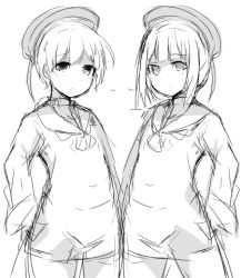 Rule 34 | 10s, 2girls, bad id, bad pixiv id, greyscale, hand on own hip, hat, kantai collection, long sleeves, lowres, monochrome, multiple girls, neckerchief, sailor collar, sailor hat, short hair, sidelocks, simple background, sketch, uiroutsuji yumihiko, white background, z1 leberecht maass (kancolle), z3 max schultz (kancolle)