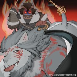 Rule 34 | 2boys, :p, angry, ass, bara, beard, brown hair, chain, facial hair, final fantasy, final fantasy xiv, fleeing, full beard, fundoshi, furry, furry male, glowing, glowing eyes, grey fur, grey hair, highres, hrothgar, japanese clothes, kimono, male focus, mature male, motion blur, multiple boys, muscular, muscular male, mustache, nervous sweating, notesonlyonpii, o o, solo focus, sweat, tail, tattoo, thick beard, thick mustache, tongue, tongue out, tribal tattoo, upper body, warrior of light (ff14)