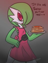 Rule 34 | apron, artist name, artist request, clothed pokemon, colored skin, creatures (company), empty eyes, english text, food, game freak, gardevoir, gen 3 pokemon, gradient background, green hair, nintendo, open mouth, pancake, pokemon, pokemon (creature), red eyes, solo, spatula, white skin, yandere