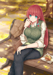 Rule 34 | 1girl, alternate costume, aran sweater, bad id, bad pixiv id, bag, blue eyes, blush, braid, breasts, burger, cable knit, casual, coffee cup, contemporary, crossed legs, cup, denim, disposable cup, food, ginkgo tree, handbag, highres, holding, hong meiling, jeans, jewelry, large breasts, long hair, no headwear, on bench, pants, red hair, ring, saraso-ju, sitting, sleeves rolled up, smile, solo, sweater, sweater vest, touhou, tree, twin braids, watch, wristwatch