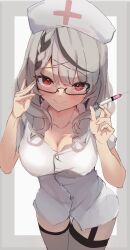 Rule 34 | 1girl, alternate costume, black hair, blush, border, braid, breasts, cleavage, commentary request, cross, dress, garter straps, glasses, grey border, grey hair, grey thighhighs, hair ornament, hat, highres, holding, holding syringe, hololive, kote11272424, large breasts, looking at viewer, medium hair, multicolored hair, nurse, nurse cap, red cross, red eyes, sakamata chloe, semi-rimless eyewear, side braid, smile, solo, streaked hair, syringe, thighhighs, virtual youtuber, white background, white dress, white hat, x hair ornament