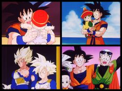 Rule 34 | age progression, black eyes, black hair, blonde hair, chi-chi (dragon ball), dragon ball, father&#039;s day, father and son, green eyes, happy, highres, husband and wife, muscular, muscular male, smile, son gohan, son goku, super saiyan, tagme