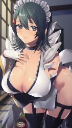 Rule 34 | 1girl, apron, bare shoulders, black hair, black leotard, breasts, cleavage, close-up, collarbone, commentary, flipped hair, frilled leotard, frills, hand on own chest, highleg, highleg leotard, highres, huge breasts, indoors, iroha (samurai spirits), leotard, light smile, looking at viewer, maid, maid apron, maid headdress, maid leotard, murata tefu, samurai spirits, sideboob, solo, sparkling eyes, thick thighs, thighhighs, thighs, unconventional maid, wide hips