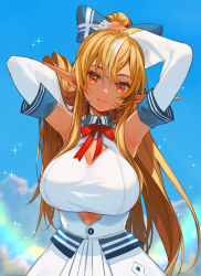 Rule 34 | 1girl, amana (pocketkey), armpits, blue bow, bow, breasts, brown eyes, cleavage, cleavage cutout, clothing cutout, cloud, dark-skinned female, dark skin, detached sleeves, dress, elf, hair bow, highres, hololive, large breasts, long hair, looking at viewer, pointy ears, ponytail, rainbow, red bow, shiranui flare, shiranui flare (1st costume), sky, smile, solo, very long hair, virtual youtuber, white dress