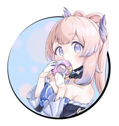 Rule 34 | 1girl, bare shoulders, blue bow, blue choker, blush, bow, choker, collarbone, commentary, doughnut, dress, food, genshin impact, gloves, highres, holding, holding food, long hair, looking at viewer, off-shoulder dress, off shoulder, pink hair, purple eyes, sangonomiya kokomi, solo, tama (tamathersky), upper body, white gloves