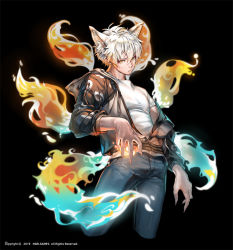 Rule 34 | 1boy, alternate form, animal ears, black background, closed mouth, energy ball, english text, fingernails, fox ears, hero cantare, highres, hood, hood down, hooded jacket, jacket, long sleeves, looking at viewer, multiple tails, off shoulder, official art, park il-pyo, sharp fingernails, short hair, simple background, tail, the god of high school, white hair, yagaaaa, yellow eyes