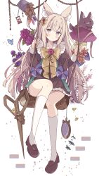 Rule 34 | 1girl, absurdres, animal, animal ear fluff, animal ears, autumn leaves, blush, bow, brown bow, brown dress, brown footwear, bug, butterfly, closed mouth, commentary, dress, flower, full body, highres, hourglass, insect, juliet sleeves, key, kneehighs, light brown hair, loafers, log, long hair, long sleeves, looking at viewer, mirror, mushroom, original, puffy sleeves, purple eyes, purple flower, scissors, shoes, simple background, sitting, socks, solo, symbol-only commentary, tsukiyo (skymint), very long hair, white background, white socks