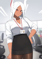 Rule 34 | 1girl, animal ears, black skirt, boku no hero academia, breasts, chair, cleavage, collared shirt, dark-skinned female, dark skin, hand on own hip, high-waist skirt, highres, id card, indoors, kritta88, lanyard, large breasts, long eyelashes, long hair, looking at viewer, mirko, office, office chair, office lady, pantyhose, parted bangs, pencil skirt, rabbit ears, rabbit girl, red eyes, shirt, shirt tucked in, skirt, sleeves rolled up, smile, solo, swivel chair, thighs, very long hair, white hair, white shirt