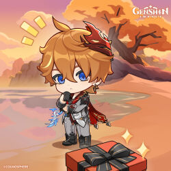 Rule 34 | 1boy, absurdres, beach, black footwear, black gloves, blue eyes, boots, bow (weapon), box, chibi, commentary, earrings, english commentary, evening, genshin impact, gift, gift box, gloves, hair between eyes, highres, holding, holding bow (weapon), holding weapon, jacket, jewelry, logo, male focus, mask, mask on head, official art, orange hair, outdoors, pants, parted lips, red mask, red scarf, scarf, single earring, solo, standing, tartaglia (genshin impact), water, weapon
