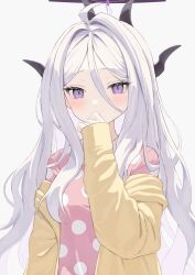 Rule 34 | 1girl, ahoge, blue archive, cardigan, commentary request, demon girl, demon horns, hair between eyes, halo, hand on own chin, highres, hina (blue archive), hina (pajamas) (blue archive), horns, kiina (mrnsor), long hair, long sleeves, looking at viewer, official alternate costume, official alternate hairstyle, open cardigan, open clothes, pajamas, pink pajamas, polka dot, polka dot pajamas, purple eyes, sidelocks, simple background, solo, wavy hair, white background, white hair, yellow cardigan