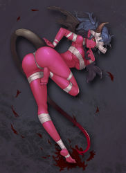 Rule 34 | 1girl, :p, ass, barefoot, blue hair, breasts, colored skin, demon girl, demon tail, demon wings, feet, gurimjang, highres, horns, large breasts, legs, long hair, long legs, original, pointy ears, red skin, solo, tail, thighs, tongue, tongue out, underboob, wings, yellow eyes