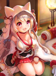 Rule 34 | 1girl, animal hood, azur lane, bare shoulders, belt, blush, breasts, cleavage, dress, highres, hood, japanese clothes, lap pillow, lap pillow invitation, large breasts, long hair, looking at viewer, multicolored nails, nail polish, open mouth, pleated skirt, red belt, red eyes, short eyebrows, silver hair, sitting, skirt, smile, solo, tail, thick eyebrows, thighs, tsuzuki rie, wedding dress, wolf tail, yuudachi (azur lane), yuudachi (the bride of solomon) (azur lane)
