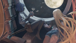Rule 34 | 2girls, black shirt, blonde hair, blue hair, blue shorts, brown shorts, closed mouth, coffee mug, commentary, cup, dark-skinned female, dark skin, english commentary, floating, floating object, holding, holding cup, long hair, long sleeves, moon, mug, multiple girls, original, others (gogo-o), pen, profile, shirt, short hair, short sleeves, shorts, sky, spacecraft, star (sky), starry sky, white shirt