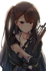 Rule 34 | 1girl, asymmetrical bangs, black gloves, black jacket, blood, blood on face, blush, breasts, brown hair, bullpup, burnt clothes, cleavage, closed mouth, collarbone, collared shirt, crying, crying with eyes open, girls&#039; frontline, gloves, gun, hair ribbon, happy tears, highres, jacket, long hair, long sleeves, medium breasts, name connection, hugging object, object namesake, one side up, red eyes, red ribbon, ribbon, rifle, septet (zrca janne), shirt, simple background, single glove, sleeves past elbows, smile, sniper rifle, solo, straight hair, tears, transparent background, upper body, very long hair, wa2000 (girls&#039; frontline), walther, walther wa 2000, weapon, white background, white shirt