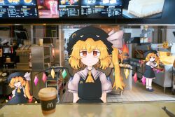 Rule 34 | 4girls, absurdres, alternate color, ascot, black headwear, black vest, blonde hair, clone, commentary, crystal, cup, disposable cup, empty eyes, english commentary, fire, flandre scarlet, frown, hat, hat ribbon, highres, iesonatana, indoors, jitome, kitchen, looking at viewer, mcdonald&#039;s, mob cap, multiple girls, one side up, orange eyes, photo background, ribbon, side ponytail, sitting, skirt, skirt set, sleeping, straight-on, touhou, vest, white ribbon, wings, yellow ascot