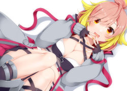 Rule 34 | 1girl, nanashi inc., black gloves, black shorts, blonde hair, blush, boots, breasts, cleavage, feet out of frame, fingerless gloves, gloves, grey jacket, highres, hira hikari, jacket, long sleeves, looking at viewer, lying, medium breasts, medium hair, multicolored hair, on back, open mouth, orange eyes, own hands together, pink hair, sch, shorts, sleeves past wrists, smile, solo, two-tone hair, virtual youtuber