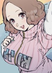 Rule 34 | 1girl, breasts, forehead, hand on breast, highres, large breasts, okumura haru, open mouth, parted bangs, persona, persona 5, poechan chan, selfie, short hair, solo, sweater