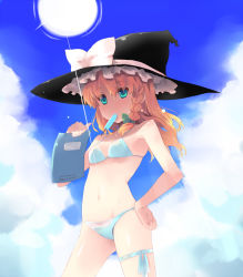 Rule 34 | 1girl, bikini, blonde hair, braid, cloud, day, female focus, food, hand on own hip, hat, hip focus, kirisame marisa, mouth hold, navel, popsicle, shin (new), sky, solo, sun, swimsuit, touhou, witch, witch hat